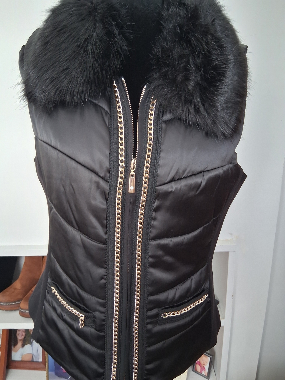 Black Quilted Faux-Fur Collar Vest with Gold Chain Trim